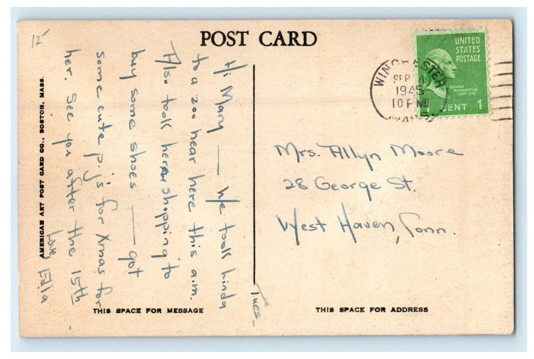 1945 Winchester Boat Club Lake Scene Massachusetts MA Posted Vintage Postcard