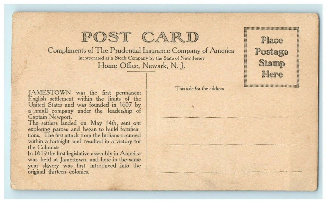 Jamestown 1622 Prudential Insurance Advertising Vintage Antique Postcard