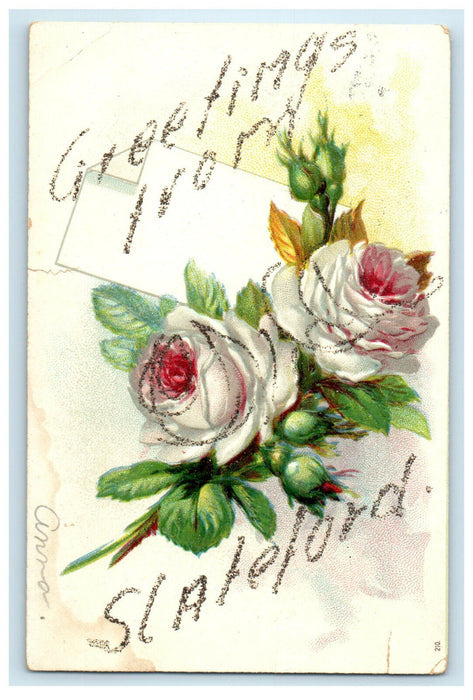 1907 Greetings from Slateford White Floral Glitter Antique Postcard