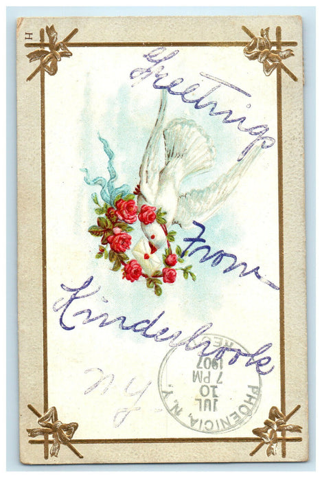 1907 Greetings from Kinderhook, New York, Dove Glitter Hand Made Postcard