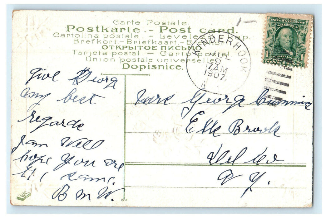 1907 Greetings from Kinderhook, New York, Dove Glitter Hand Made Postcard