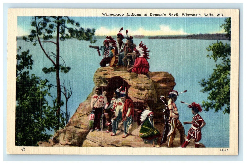 c1940's Winnebago Indians At Demon's Anvil Wisconsin Dells WI Vintage Postcard