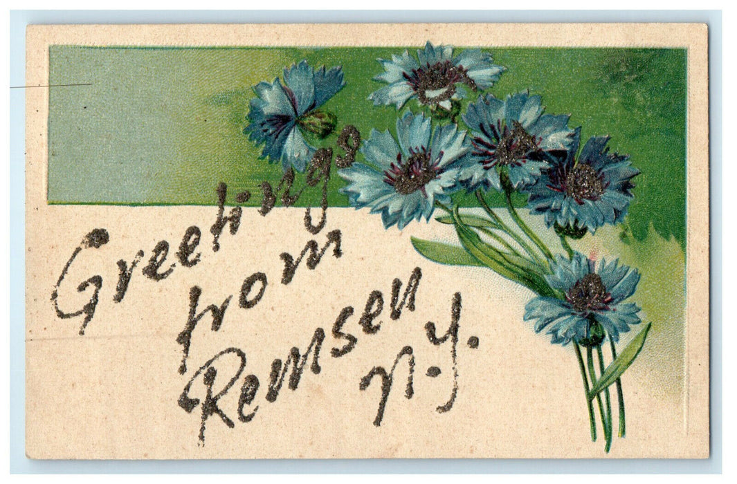 c1910s Greetings from Remsen New York NY Glitter and Floral Postcard