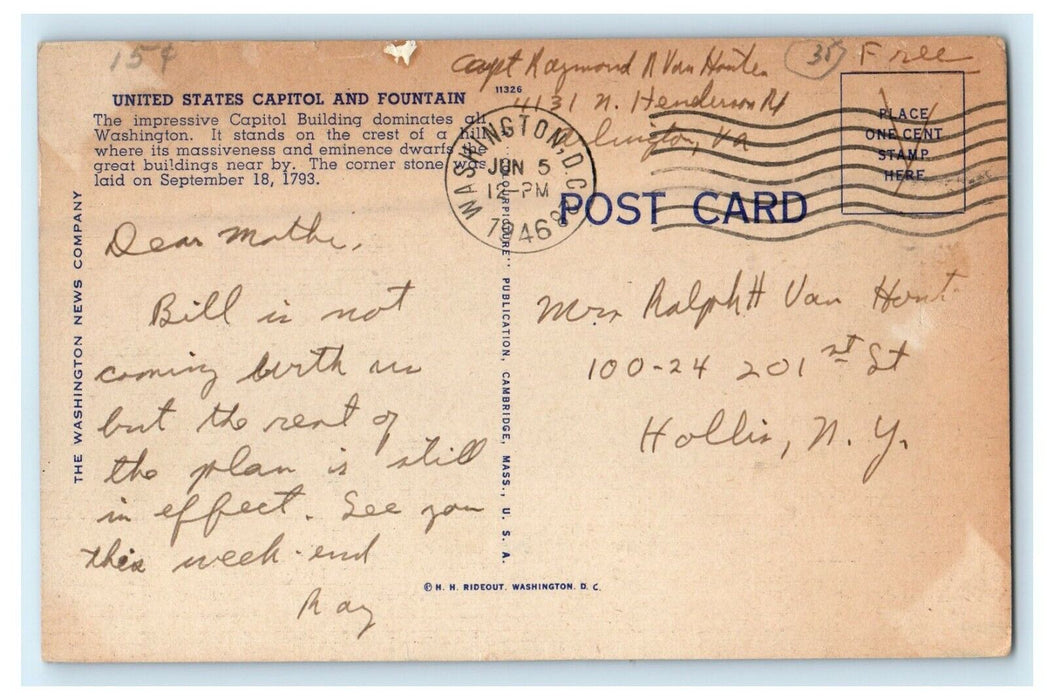 1946 United State Capitol Fountain Night Washington DC WW2 Soldier Mail Postcard