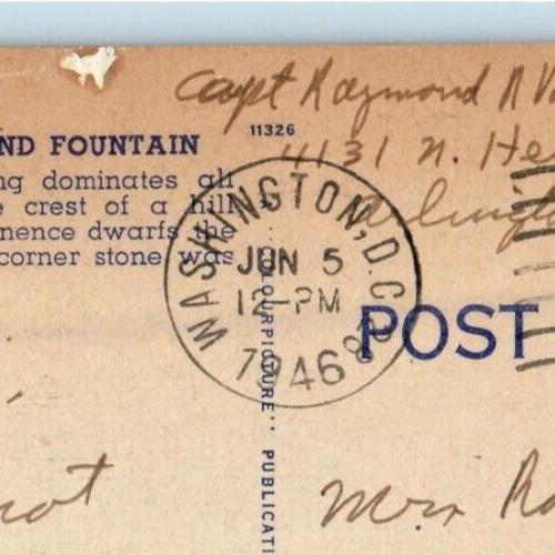 1946 United State Capitol Fountain Night Washington DC WW2 Soldier Mail Postcard