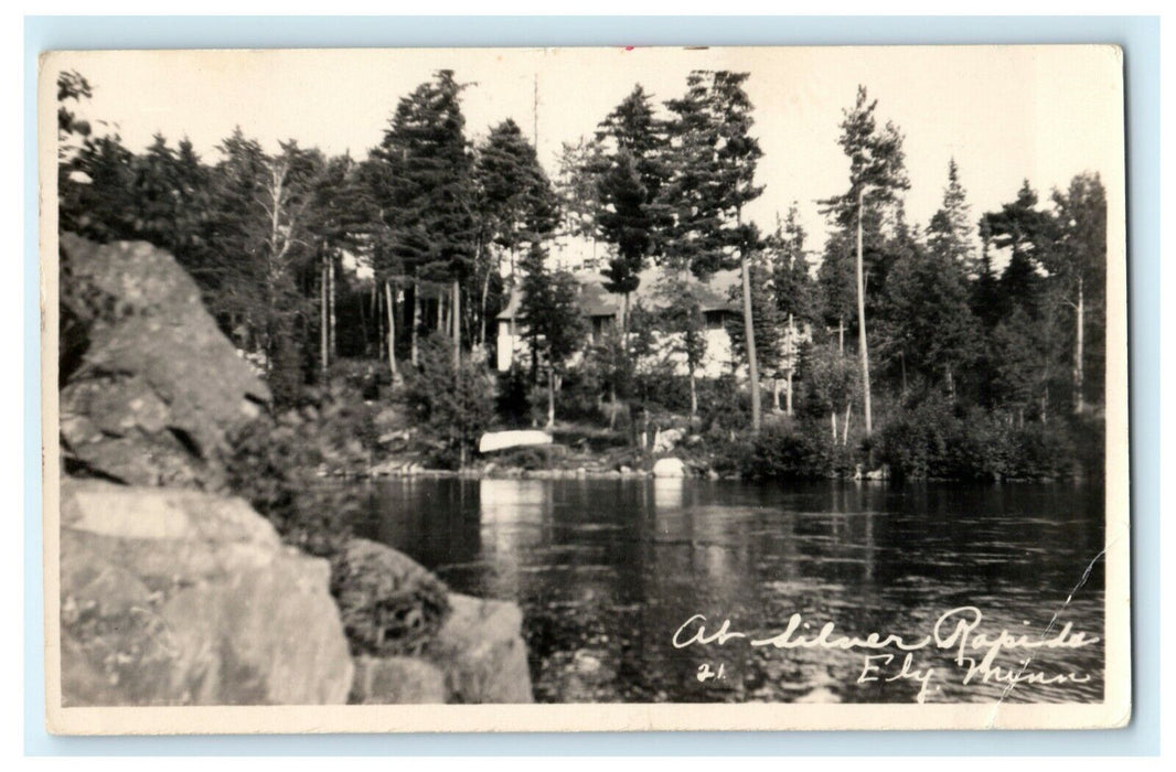 Ely Silver Rapids Minnesota Lodge Cabin Lake Boat Postcard Vintage Antique