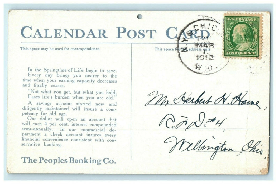 1912 Peoples Banking Co. Oberlin Ohio OH Advertising Calendar WD RPO Postcard