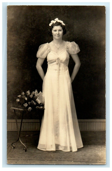 c1910's Beautiful Woman Dress Curly Hair Studio Portrait RPPC Photo Postcard