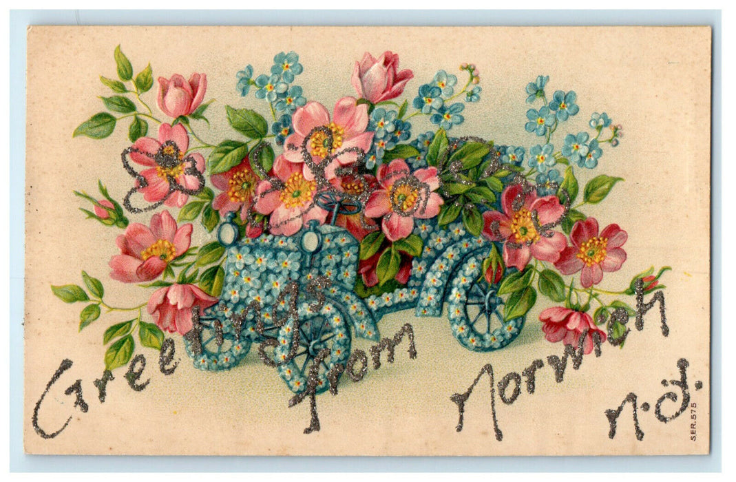 c1910s Car and Floral Designed, Greetings from Norwich New York NY Postcard