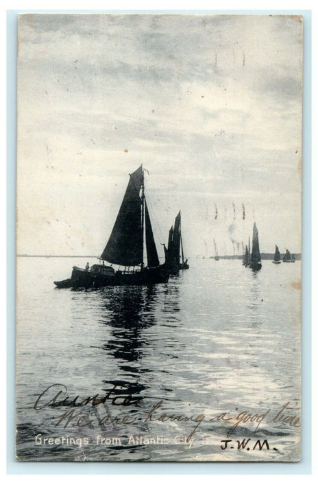 Greetings From Atlantic City New Jersey Sailboats 1905 Postcard Vintage Antique