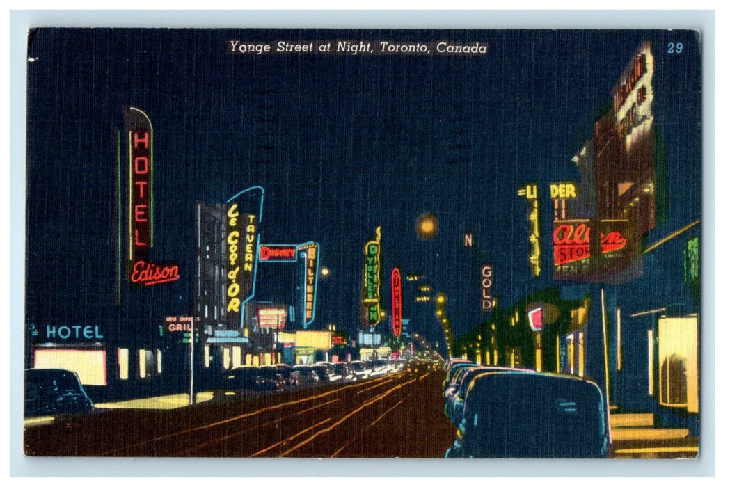 1960 Yonge Street at Night Toronto Ontario Canada Antique Postcard