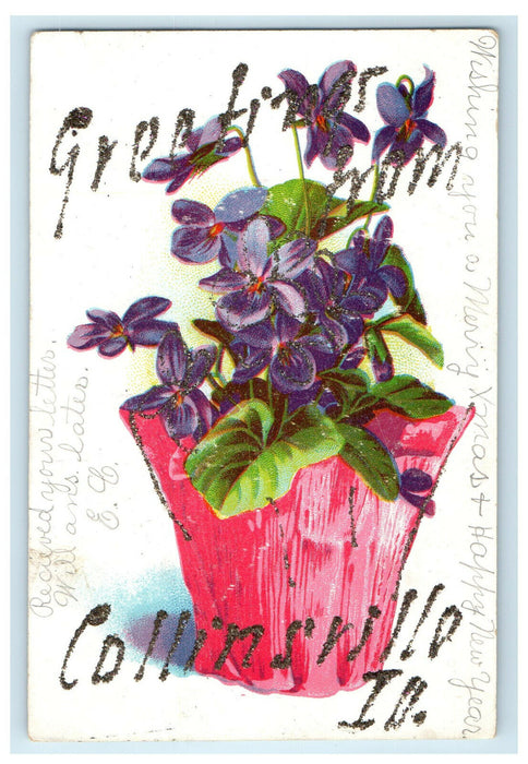 c1910s Greetings from Collinsville, Illinois IL Glitter and Floral Postcard