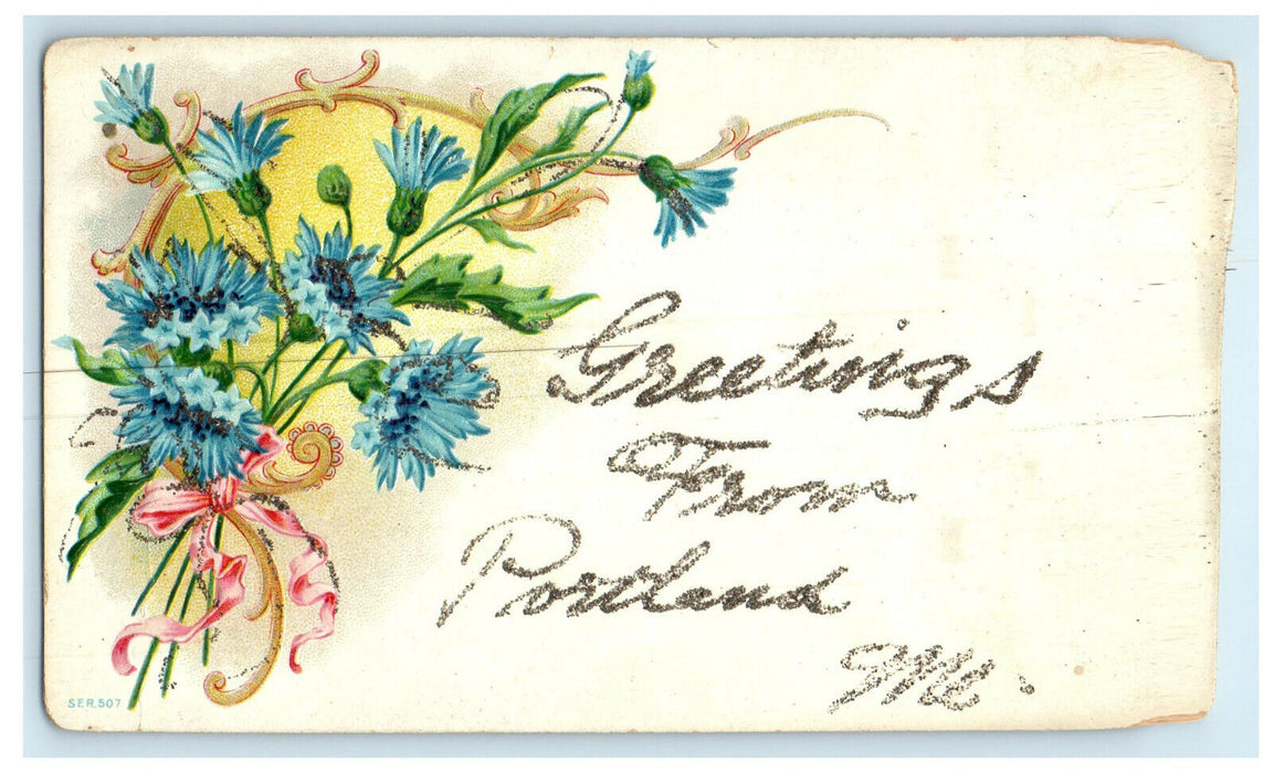 c1910s Greetings from Portland Maine ME Blue Floral Posted Antique Postcard