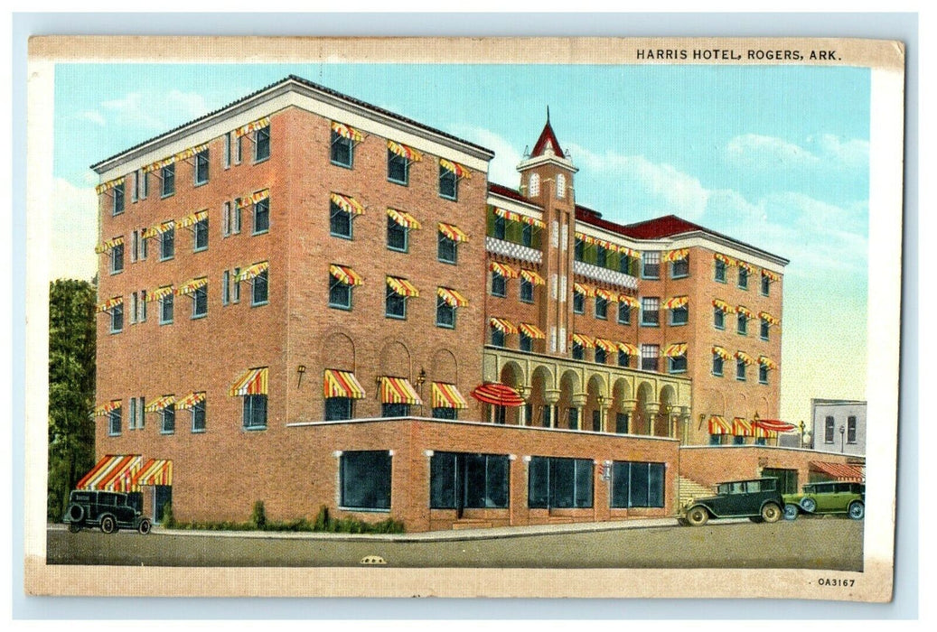 c1940's Harris Hotel Building Street View Cars Rogers Arkansas AR Postcard