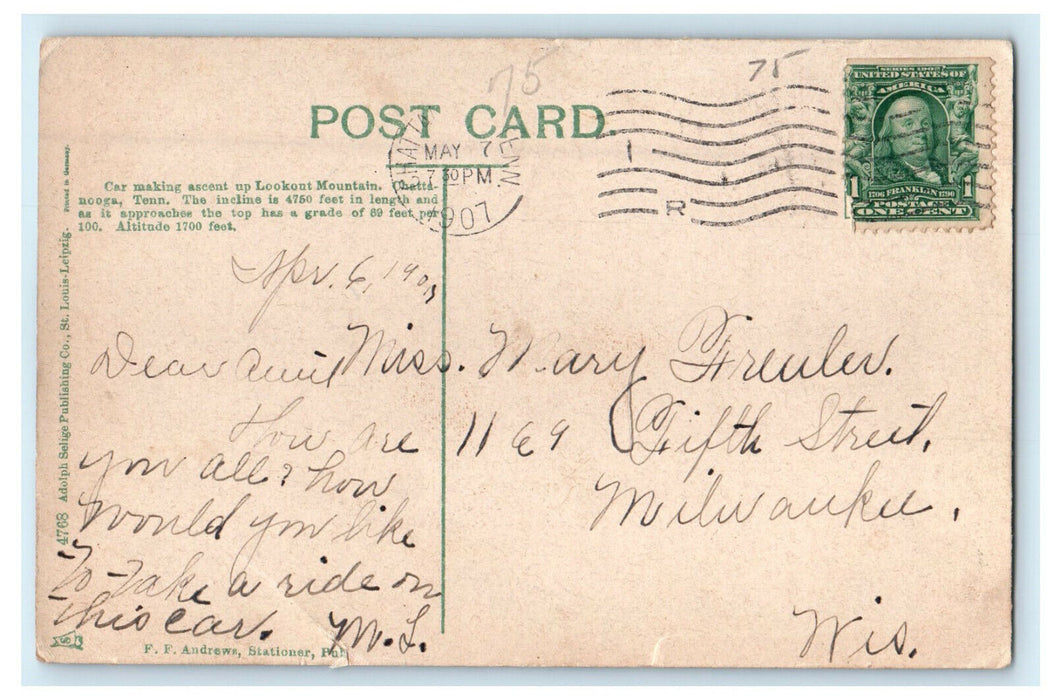 1907 Incline Railway, Lookout Mountain, Chattanooga Tennessee TN Postcard