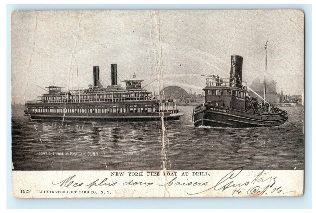 1906 New York Fire Boat Drill Steamships NY Posted Antique Postcard