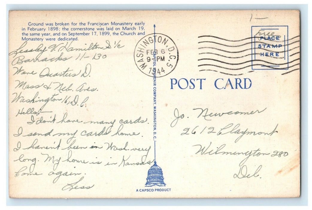 1944 Franciscan Monastery Washington DC, WW2 Soldier Mail Postcard
