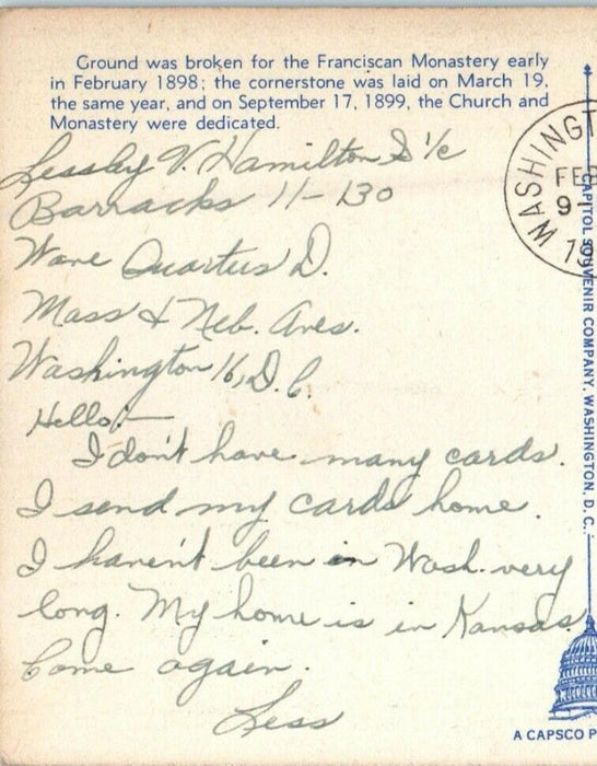 1944 Franciscan Monastery Washington DC, WW2 Soldier Mail Postcard