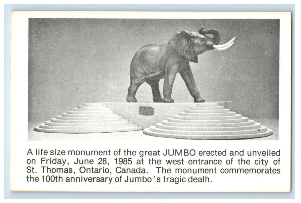 1985 Big Elephant Named Jumbo Picture St. Thomas Ontario Canada Postcard