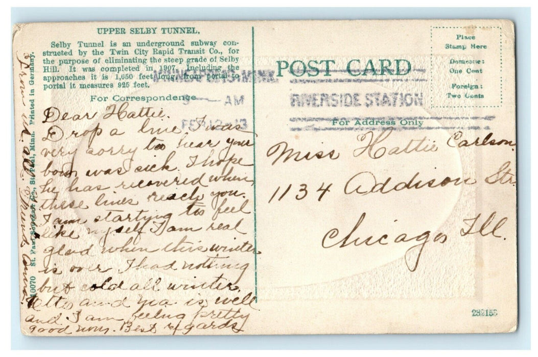 1913 Upper Selby Tunnel St. Paul Minnesota MN Riverside Station Postcard