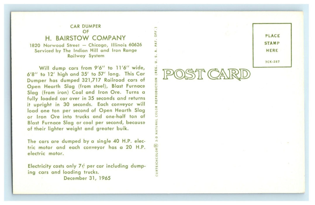 1965 Car Dumper Bairstow Co. Advertising Chicago Illinois IL Train Postcard