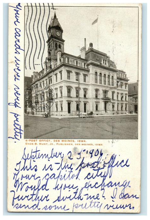 1906 Post Office Des Moines Iowa IA Exchange Request Mason City Postcard