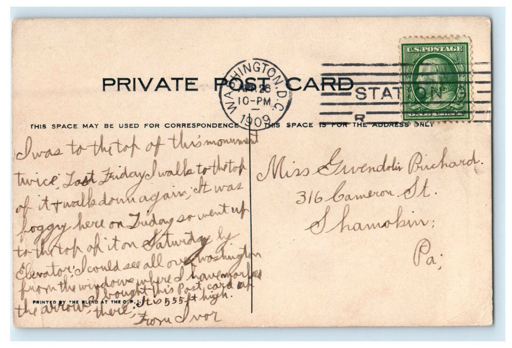 1909 Washington Monument Washington DC The Blind at the CPI Private Postcard