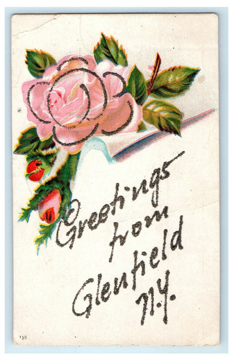 c1910s Greetings from Glenfield New York NY Glitter and Pink Floral Postcard