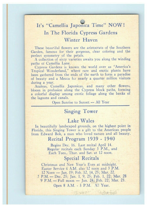 1939 Bok Tower Gardens Singing Lake Wales Florida FL Advertising Postcard