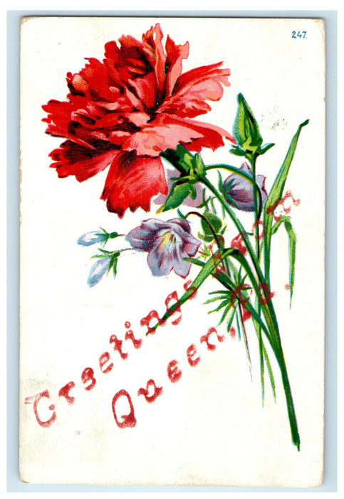 c1910s Greetings from Queen Pennsylvania Red Flower Printed Postcard