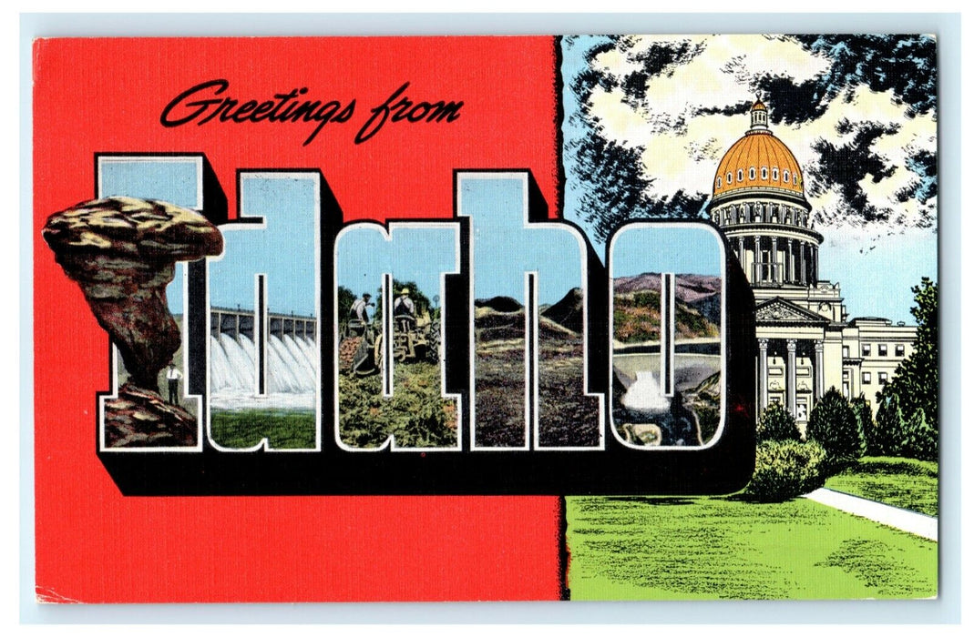 Greetings From Idaho Large Letter c1940's Postcard Vintage Antique
