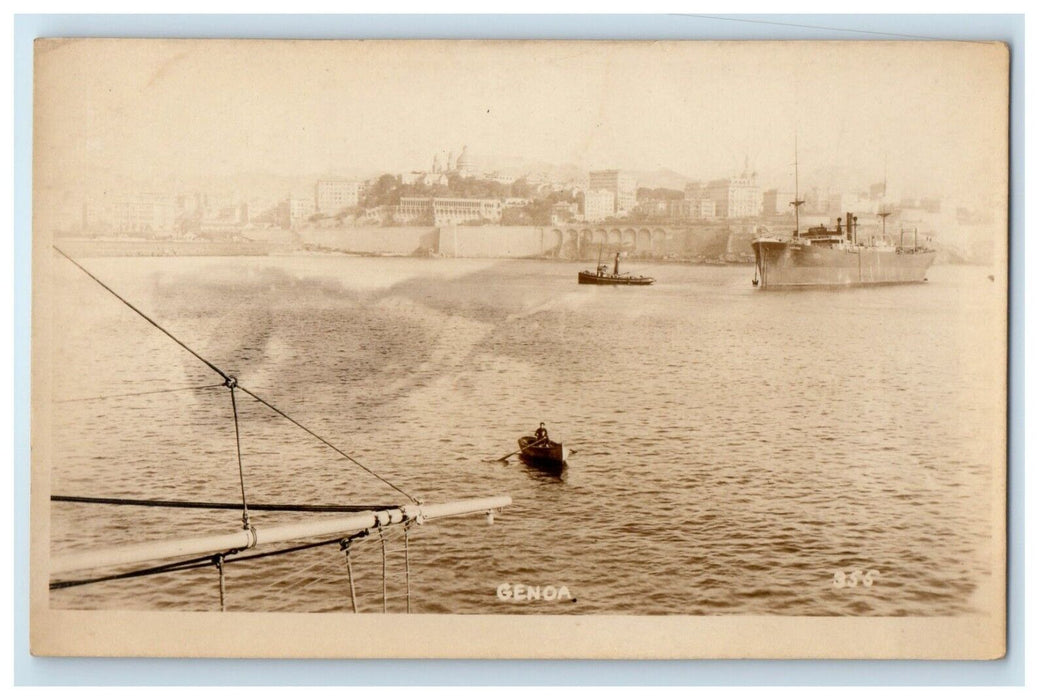 c1920's Genoa France, Canoeing Boat And Steamer Ship  RPPC Photo Postcard