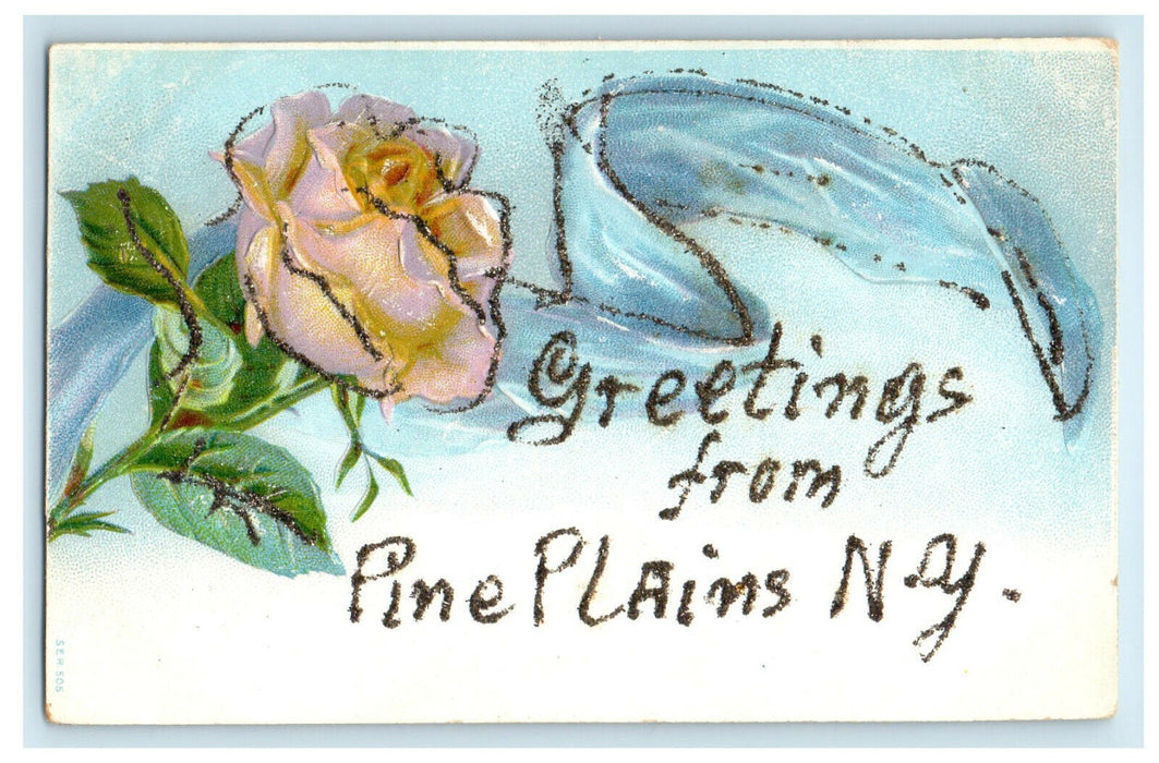 c1910s Greetings from Pine Plains New York NY Glitter Rose Flower Postcard