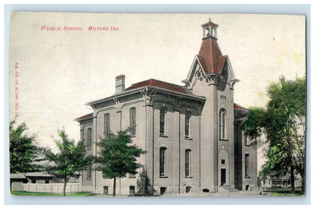 1908 Public School Building Milford Indiana IN Posted Antique Postcard