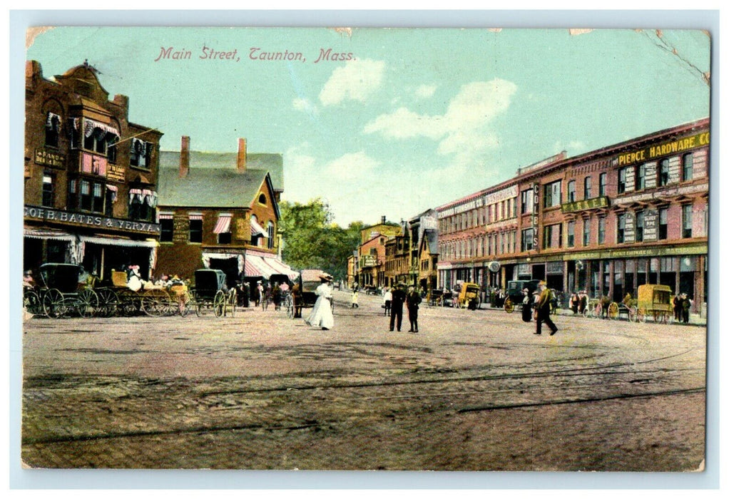 1910 Crowd Scene, Main Street, Taunton, Massachusetts MA Antique Postcard