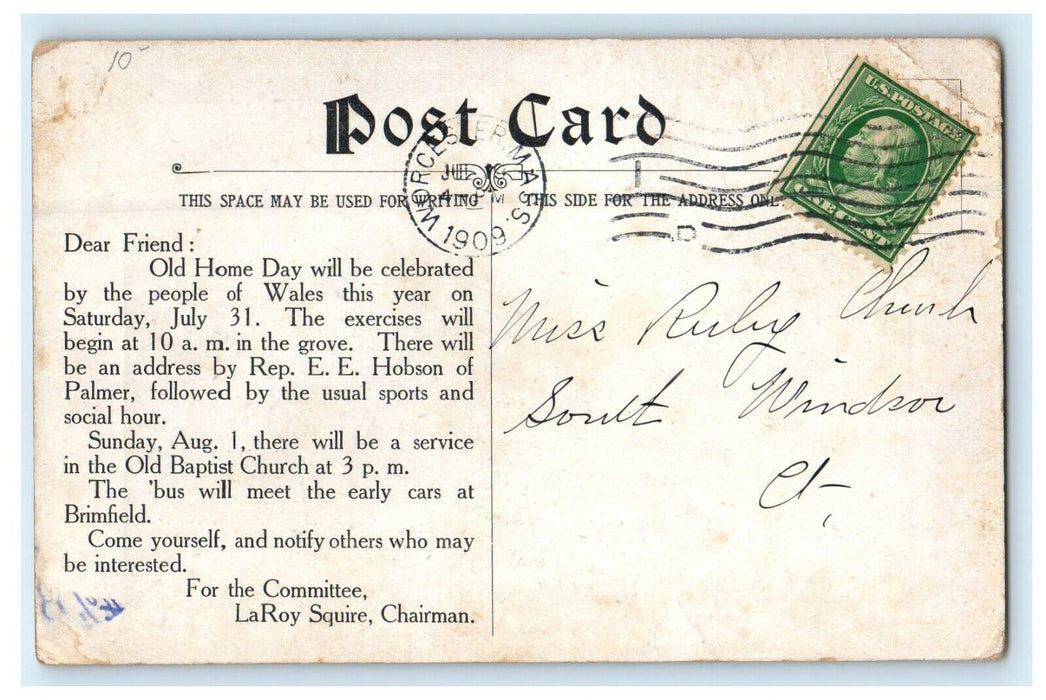1909 Wales Pond Old Home Day Advertising Massachusetts MA Postcard