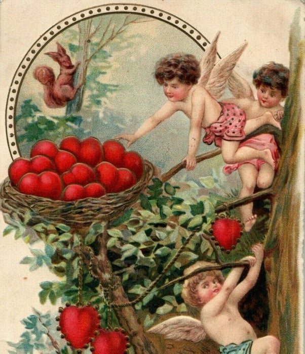 c1910 Valentine Cherubs Stealing Squirrel's Hearts Embossed Germany Postcard