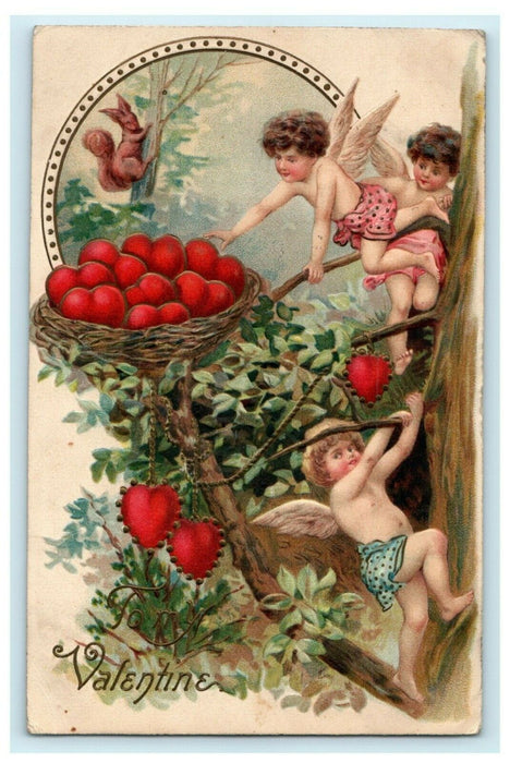 c1910 Valentine Cherubs Stealing Squirrel's Hearts Embossed Germany Postcard