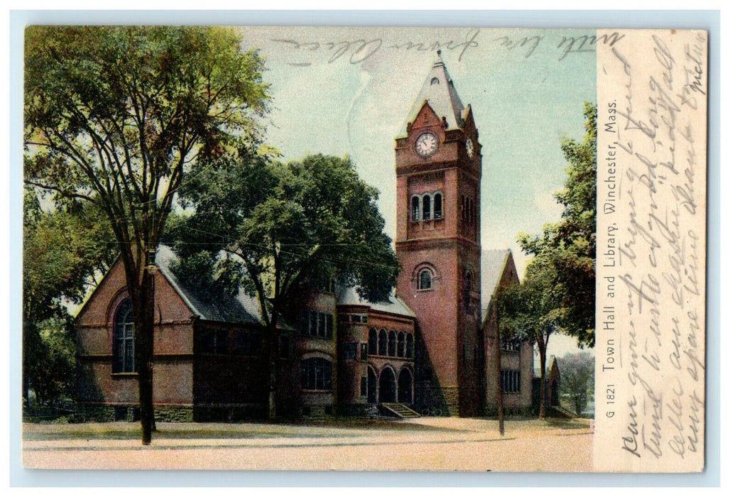 1908 Town Hall And Library Winchester Massachusetts MA Rotograph Postcard