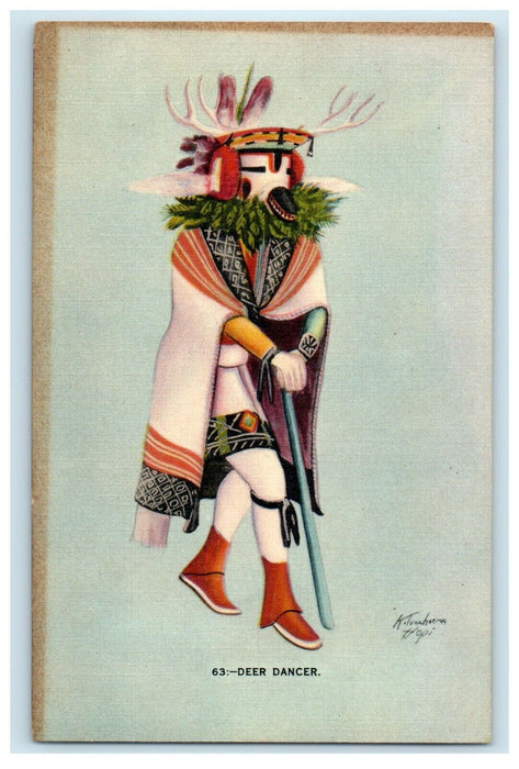 c1940's Deer Dancer Hopi Indian Snake Dance Arizona AZ Vintage Postcard