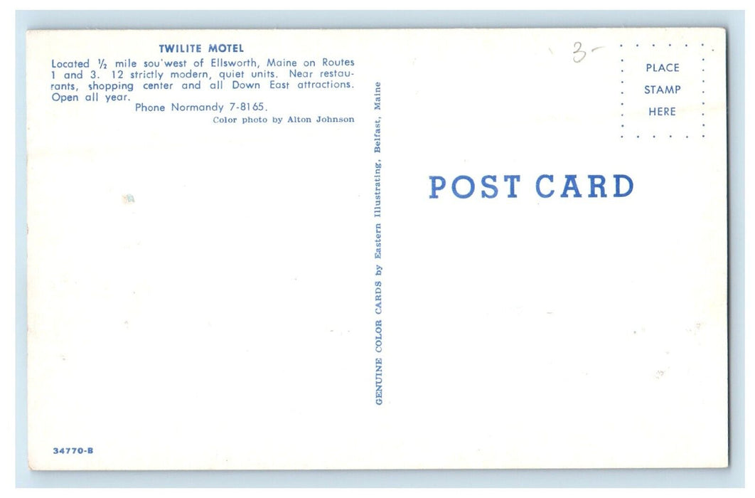 c1950's View Of Twilite Motel Ellsworth Maine ME Unposted Antique Postcard