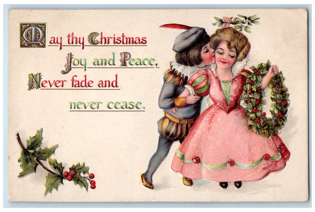 1913 Christmas Sweet Couple Kissing Romance Holly Berries Winsch Back Postcard