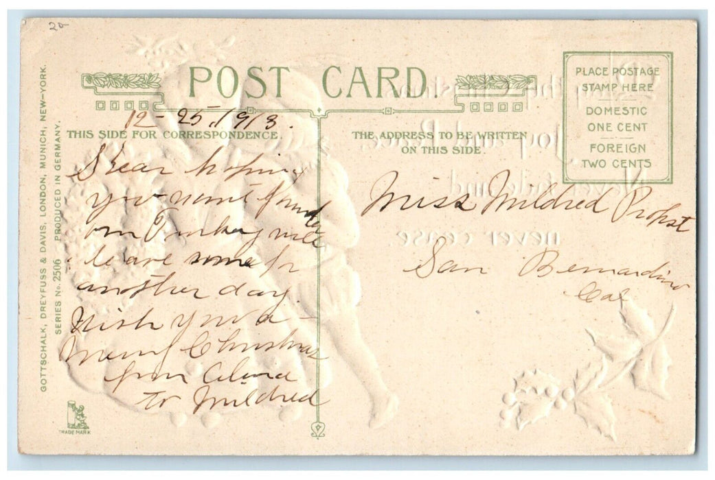1913 Christmas Sweet Couple Kissing Romance Holly Berries Winsch Back Postcard