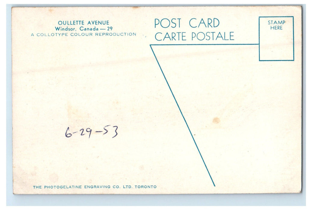 1953 Cars Scene, Oullette Avenue Windsor Ontario Canada Unposted Postcard