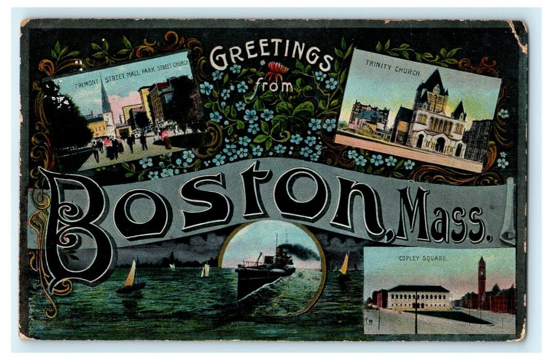 Greetings Boston Massachusetts Trinity Church Copley Square Postcard Vintage