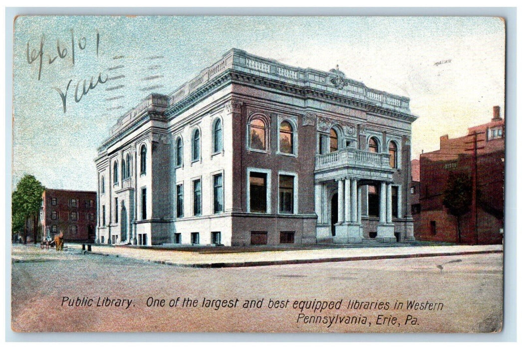1907 Public Library Building Horse Wagon Erie Pennsylvania PA Antique Postcard