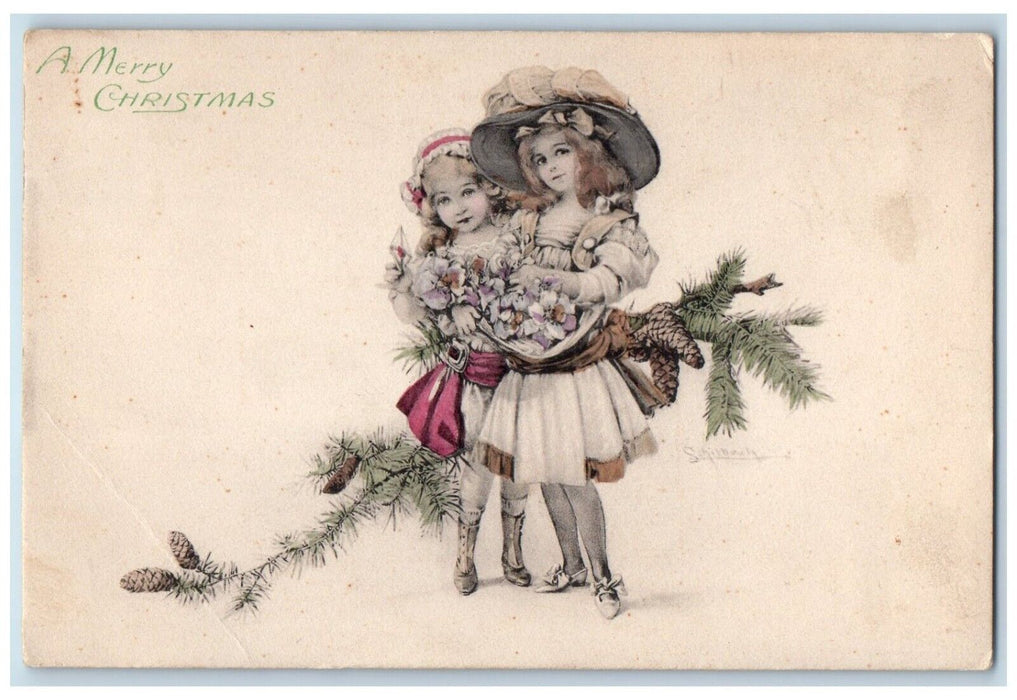 c1910's Merry Christmas Pretty Girls Pine Cone With Flowers Antique Postcard