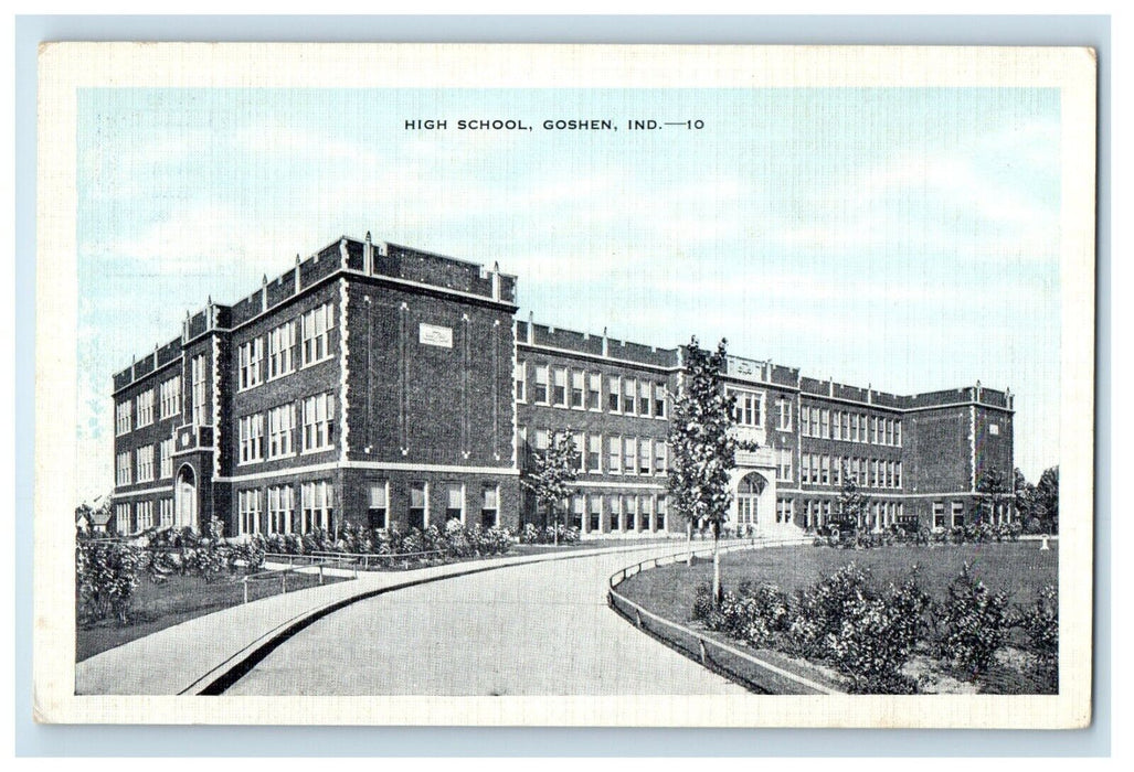 c1930's View Of High School Building Driveway Goshen Indiana IN Vintage Postcard