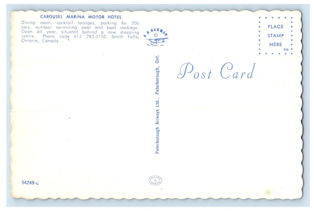 c1950s Carousel Marina Motor Hotel Smith Falls Ontario Canada Unposted Postcard