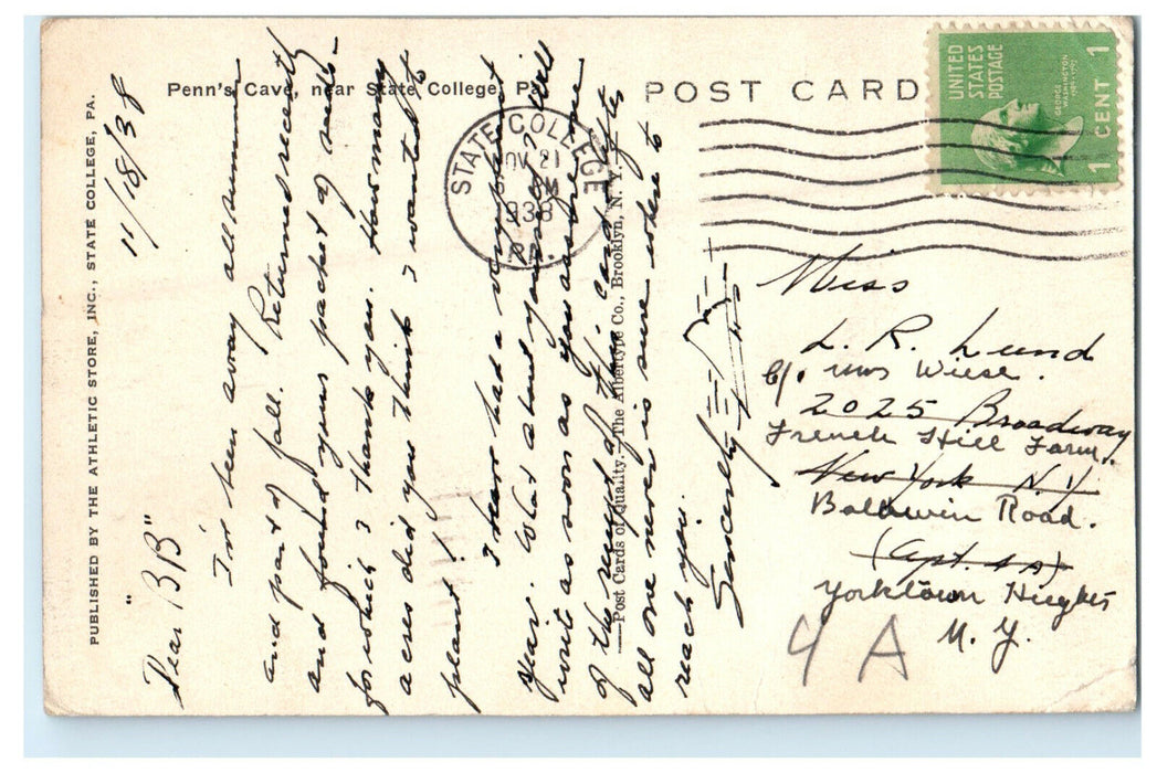 1938 Penn's Cave Near State College Pennsylvania PA Posted Vintage Postcard